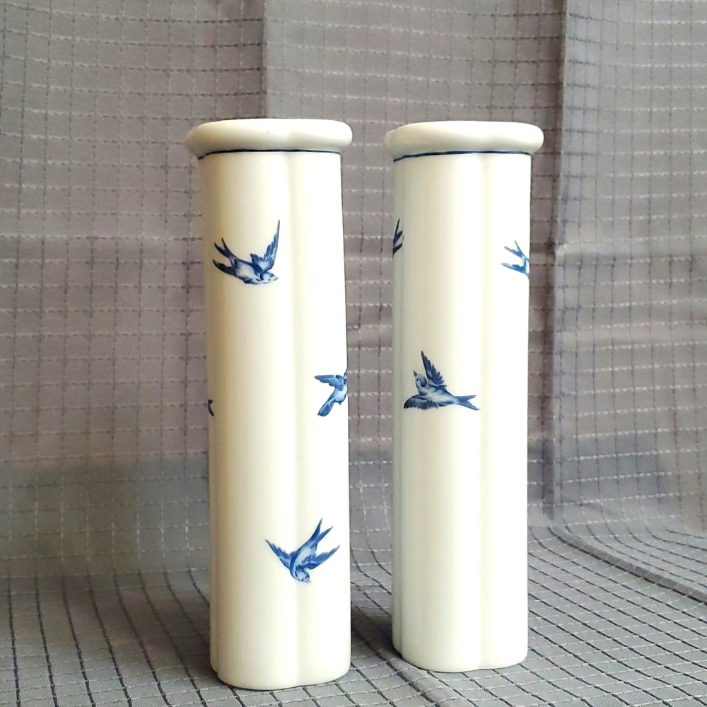 Vintage Japanese Porcelain Vases Arita Ware Damask Blue Willow Bird Pattern